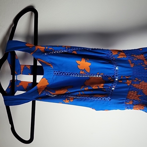 Abel The Label Anthropologie Halter Blue Orange Flair Maxi Dress. Ladies Medium - Picture 2 of 6